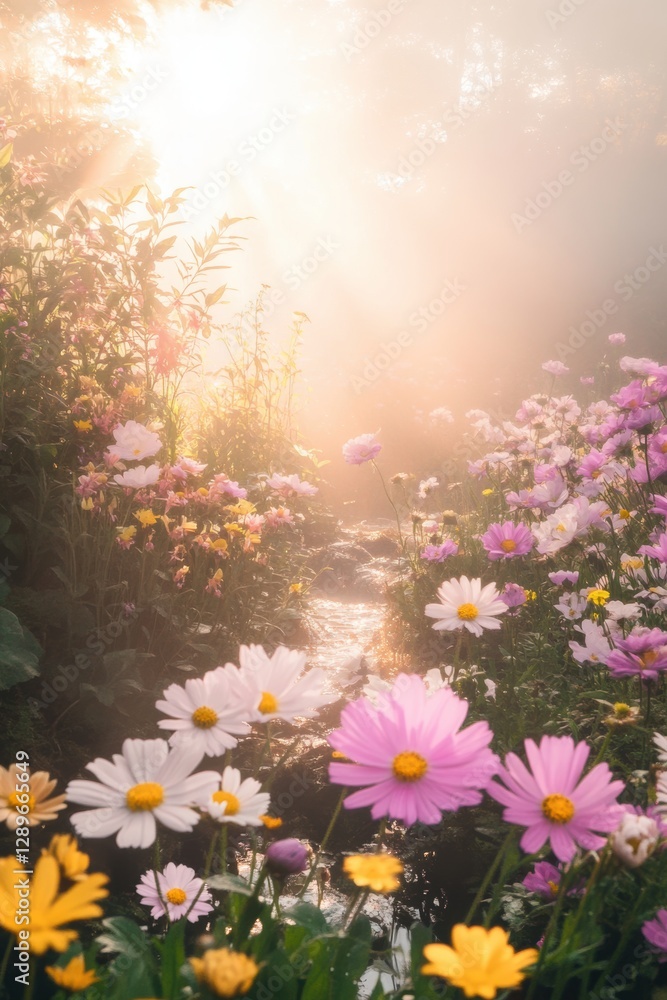 Obraz premium Beautiful colorful wild flowers in deep foggy forest with sun light in Spring.