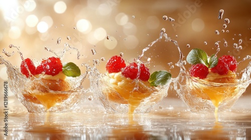 Water Splashing Raspberry Cream Puffs on Golden Background