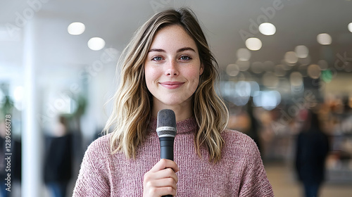 Young woman reporter speaking into microphone, event background