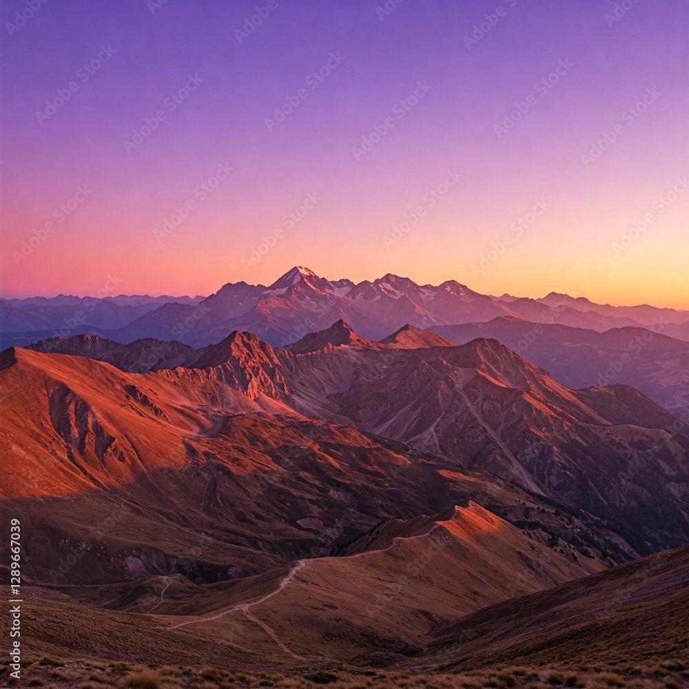 Fototapeta premium Mountainous landscape at sunset, lilac sky and natural earthy tones