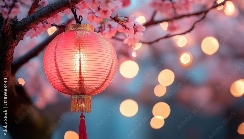 Fototapeta premium Asian Festivities: Pink, Red, And Golden Lanterns Adorning Japanese Sakura Trees For Lunar New Year Celebration With Glitter, Bokeh Lights, And Cherry Blossoms.