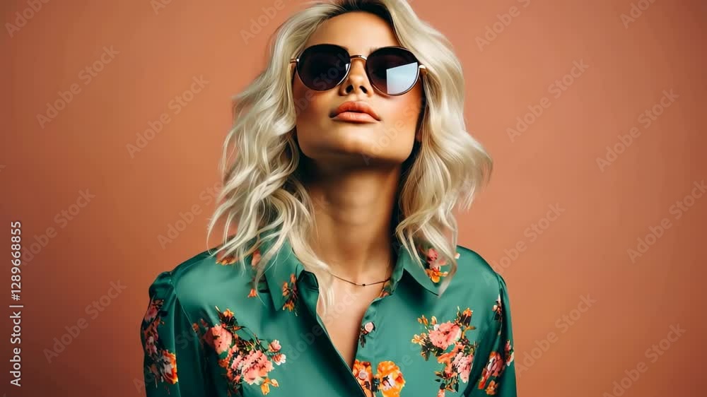 Vibrant pop art portrait of a retro style blonde woman in green shirt with peach flowers, exuding beauty and charm. Vibrant pop art portrait of a retro style blonde woman in green shirt with peach flowers, exuding beauty and charm.