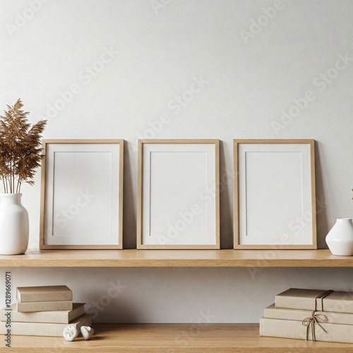 Three blank picture frames wall art posters on a wooden shelf with decorative items mockup