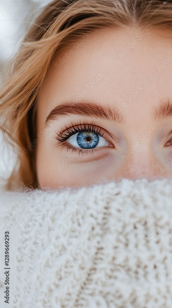Woman's blue eyes, winter sweater, snowy background, portrait Woman's blue eyes, winter sweater, snowy background, portrait