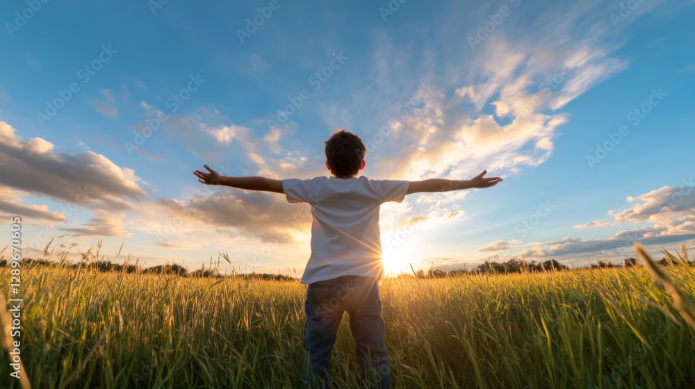 Child Standing in a Field with Arms Outstretched at Sunset Child Standing in a Field with Arms Outstretched at Sunset