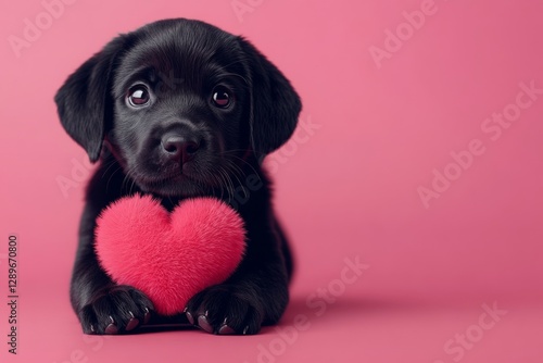 Cute labrador retriever dog with fluffy red heart - sign of love, funny greeting card. Labrador retriever - my cherished dog. Digital ads idea. Heartwarming dog moments. Valentine's day. photo