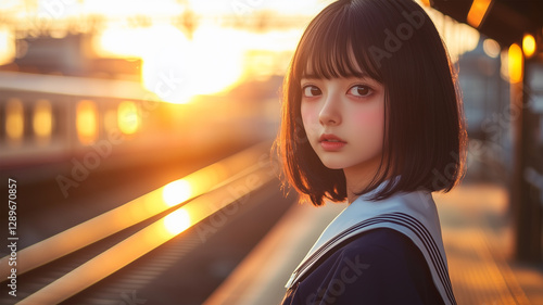 夕暮れの駅で佇む女子学生の思索的な表情 photo