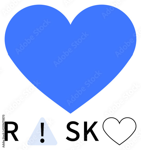 Blue heart and the word RISK with a warning exclamation mark, black outline heart. Ideal for risk management, health awareness, emotional wellbeing, safety alerts, cautionary messages