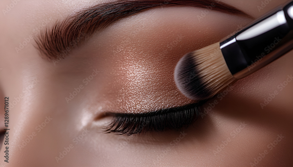 makeup artist using makeup brush for eyes and applying brown eyeshadow. make-up for young asian girl. Close-up makeup artist using makeup brush for eyes and applying brown eyeshadow. make-up for young asian girl. Close-up