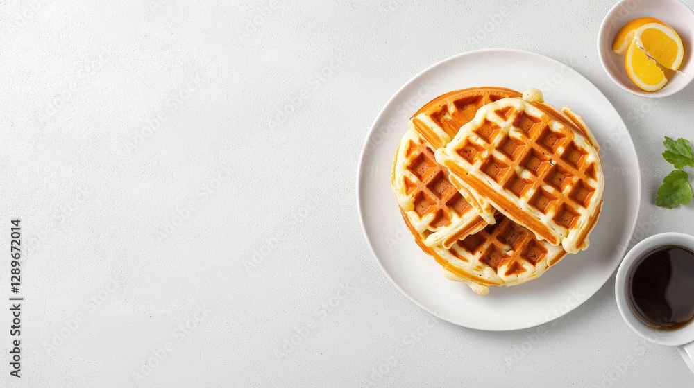 Delicious waffles breakfast, coffee, citrus, overhead Delicious waffles breakfast, coffee, citrus, overhead