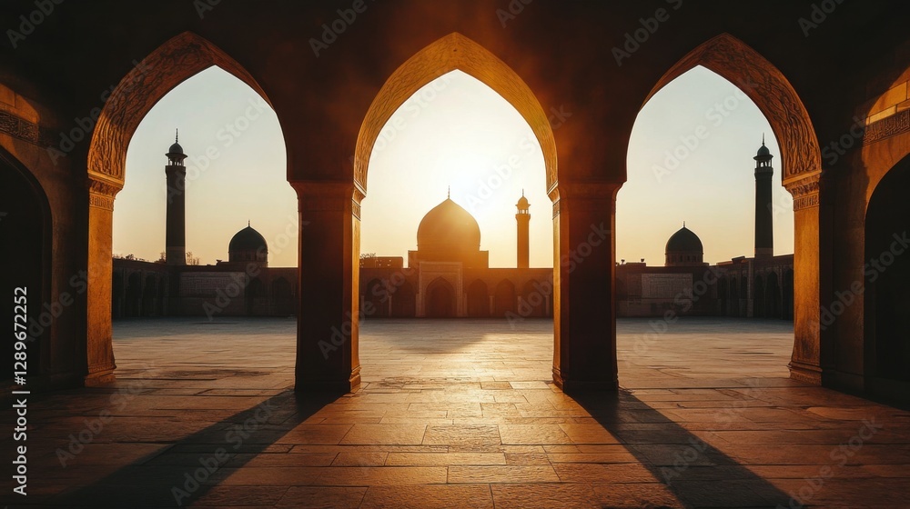 Fototapeta premium Beautiful Sunset Over Historic Mosque Architecture in Iran