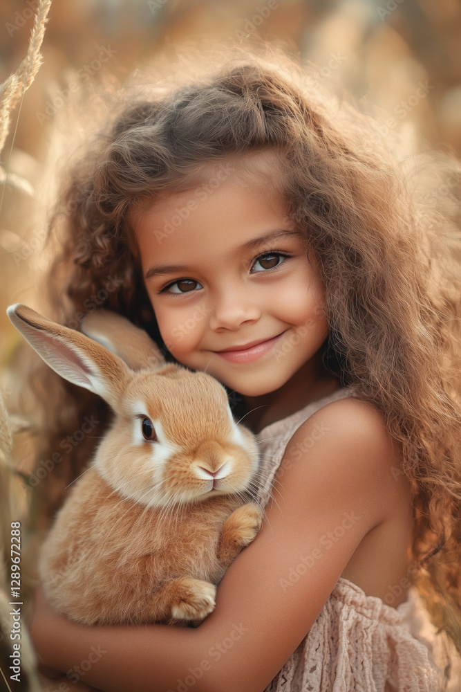 A happy child holding her cute little easter bunny, outdoor photo with warm tones A happy child holding her cute little easter bunny, outdoor photo with warm tones