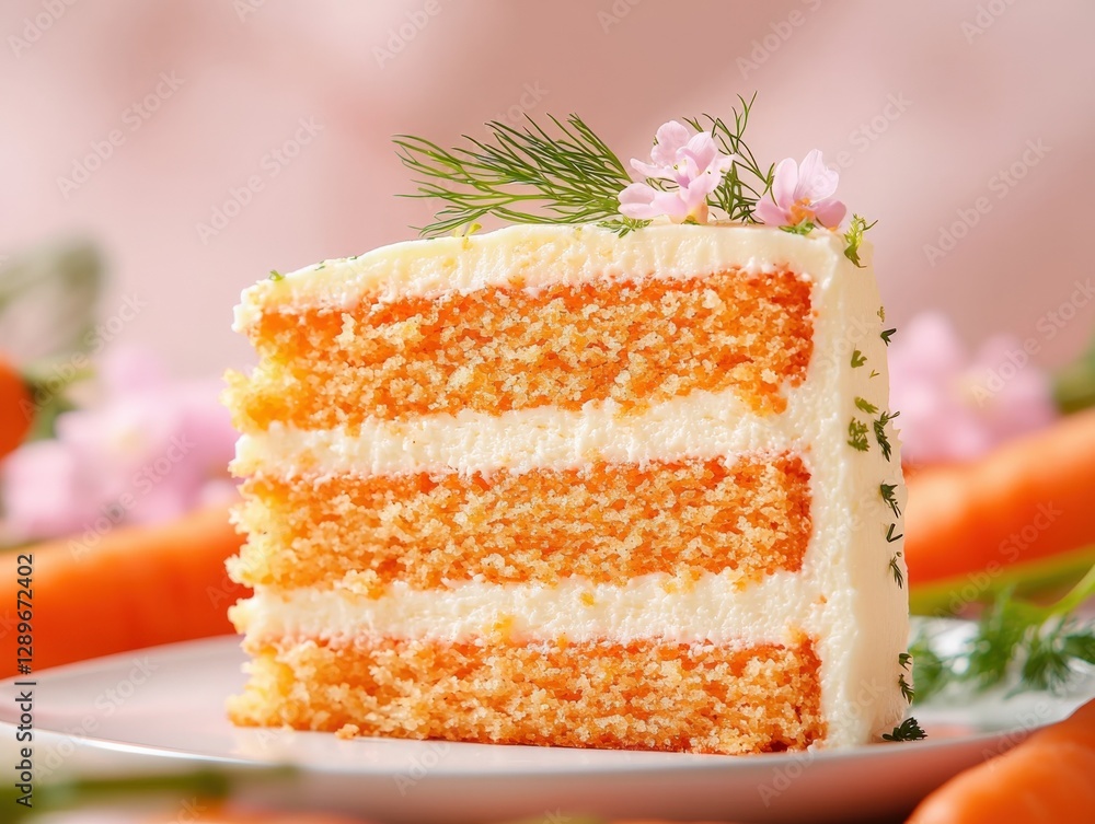slice of Carrot Cake with frosting and flowers. slice of Carrot Cake with frosting and flowers.