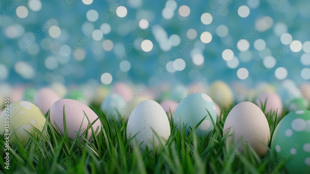 Fototapeta premium A row of pastel-painted Easter eggs placed on lush green grass, with a dreamy bokeh background for a festive springtime feel.