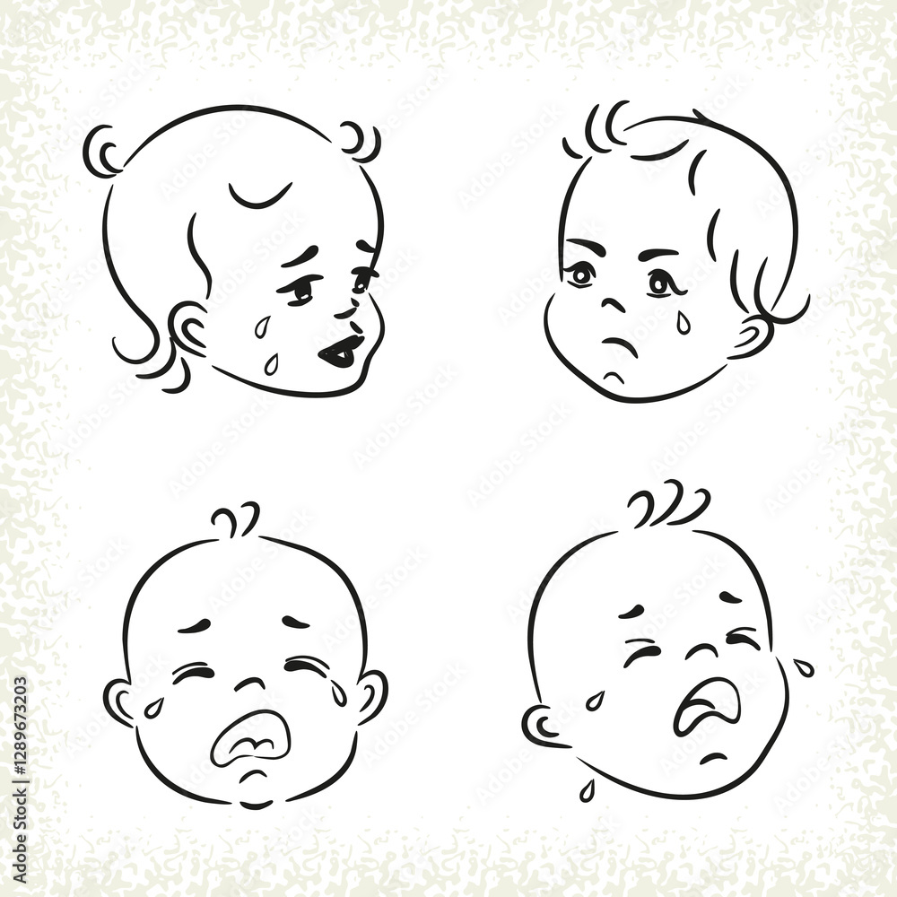 Crying baby vector doodle illustration. Sad kids, set of doodle faces of babies Crying baby vector doodle illustration. Sad kids, set of doodle faces of babies