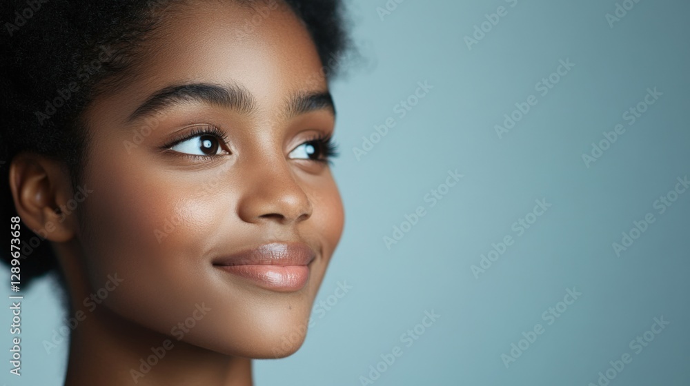 Beautiful young woman smiling against light blue background Beautiful young woman smiling against light blue background