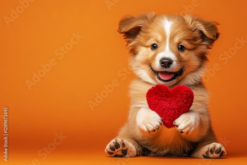 Cute nova scotia duck tolling retriever hound with fluffy red heart - emblem of love, funny greeting card. Nova scotia duck tolling retriever - my preferred dog. Promotion conceptual art. photo