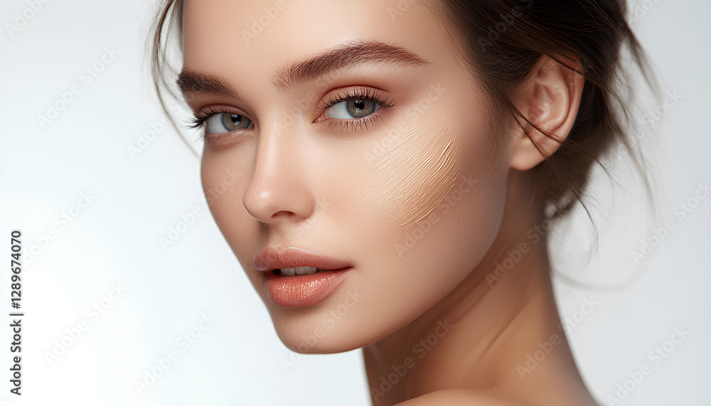 Skin tone cream lines on woman face. Beautiful woman portrait beauty skin healthy and perfect makeup Skin tone cream lines on woman face. Beautiful woman portrait beauty skin healthy and perfect makeup