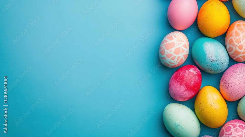 A top-down view of multicolored Easter eggs placed on a pastel blue background, perfect for festive and creative designs. A top-down view of multicolored Easter eggs placed on a pastel blue background, perfect for festive and creative designs.