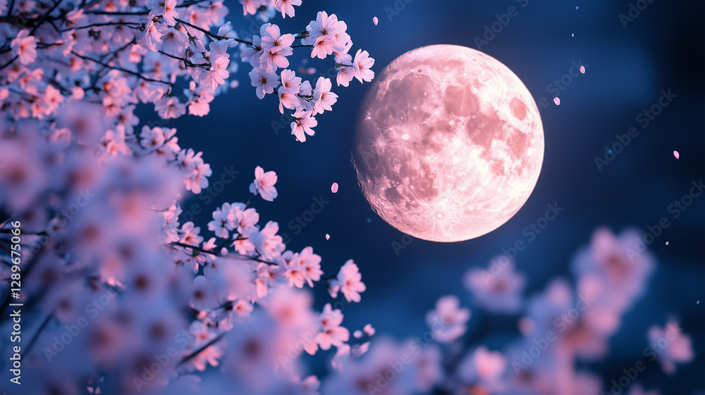 Obraz premium 満月と桜の花びら – 柔らかな月光に照らされた幻想的な春の夜