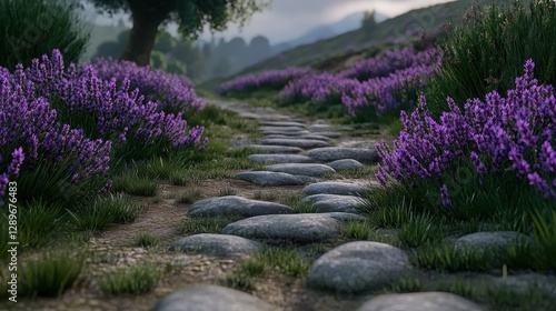 Serene Lavender Pathway Surrounded by Vibrant Flowers and Tranquil Nature Landscape