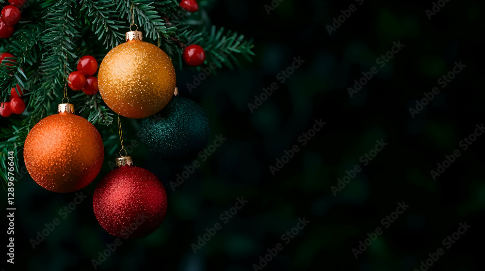 Obraz premium Red Gold and Green Christmas Ornaments Hanging on a Dark Background