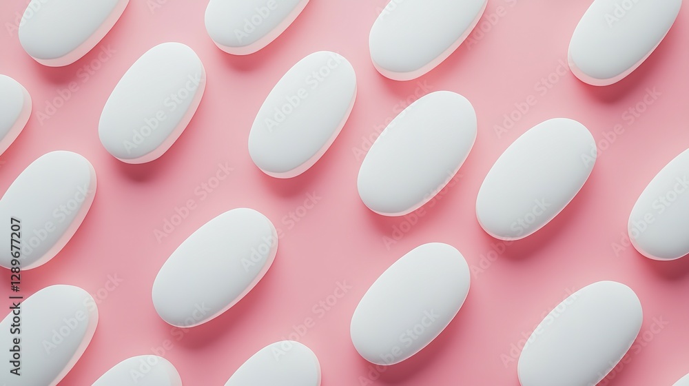White Pills Are Arranged Neatly On A Pink Background White Pills Are Arranged Neatly On A Pink Background