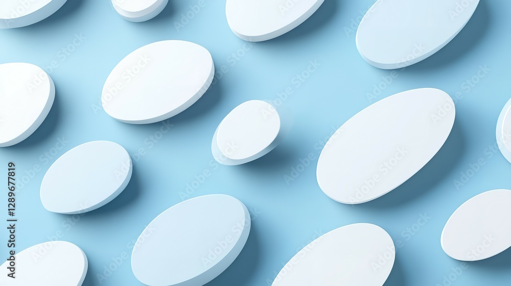 White elliptical shapes are arranged on a blue surface White elliptical shapes are arranged on a blue surface