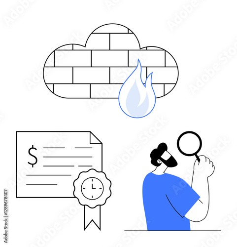 Cloud firewall protecting data, document with dollar and clock symbol, individual inspecting with magnifying glass. Ideal for cybersecurity, data protection, digital authentication, IT governance