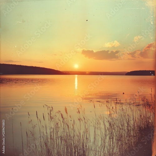 Vintage lake sunset photo.