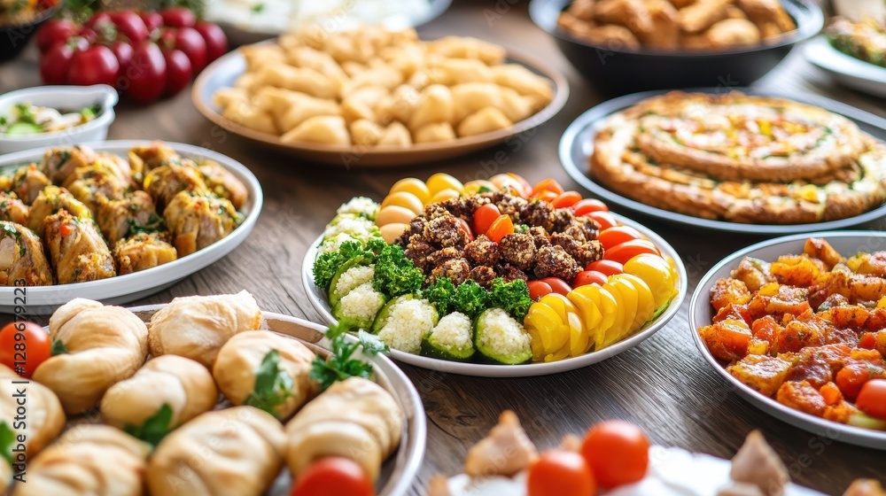 Colorful Array of Appetizing Dishes on a Wooden Table Setting Colorful Array of Appetizing Dishes on a Wooden Table Setting