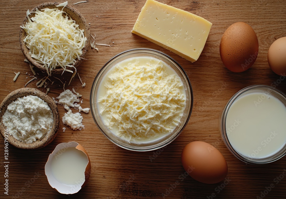 Fresh Dairy Products on Wooden Table with Eggs and Cheese; Ingredients for Cooking and Baking; Natural and Rustic Kitchen Setup for Culinary Creations Fresh Dairy Products on Wooden Table with Eggs and Cheese; Ingredients for Cooking and Baking; Natural and Rustic Kitchen Setup for Culinary Creations