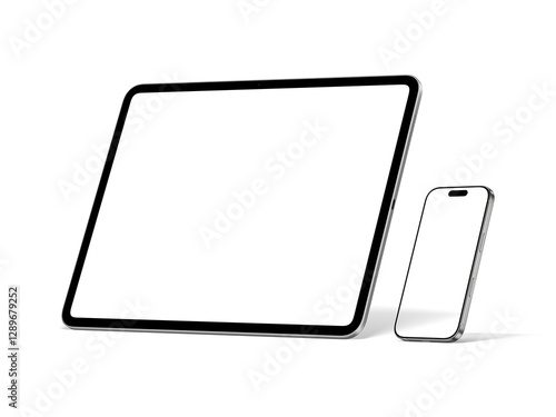 Responsive Device Mockup Including Smartphones and Tablet | Blank Display | Transparent Background | White Titanium and Silver Color