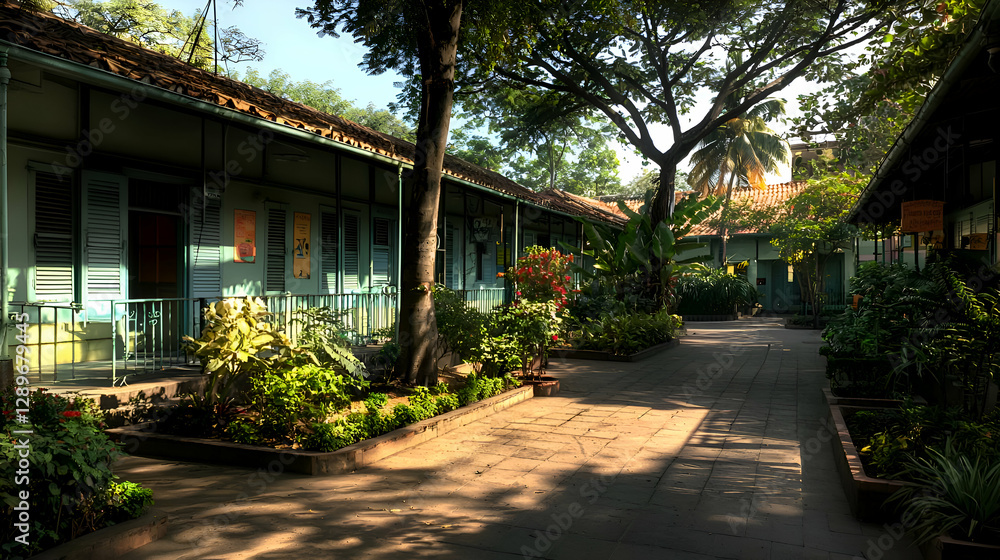 Sunlit Courtyard with Lush Tropical Vegetation and Colonial Style Buildings Sunlit Courtyard with Lush Tropical Vegetation and Colonial Style Buildings