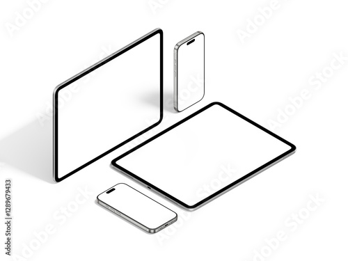 Responsive Device Mockup Including Smartphones and Tablet | Blank Display | Transparent Background | White Titanium and Silver Color