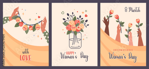 Happy Women's Day. Set of posters March 8. Womens hands of different nationalities holding flowers. Feminism, women empowerment, gender equality concept. Vector illustration