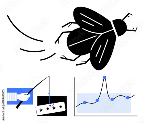 Large black fly phishing hand with password, and data graph highlight digital threats. Ideal for cybersecurity, technology, social engineering, data analysis, risk management, awareness, protection