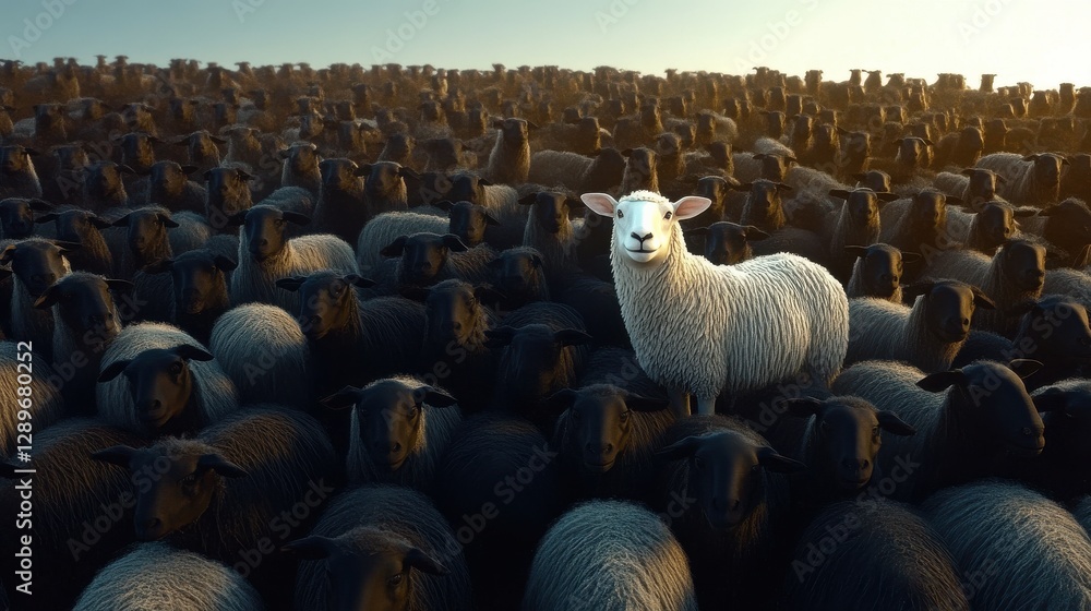Obraz premium This intriguing image features a smiling white sheep standing boldly among a crowd of dark sheep, representing positivity and individuality in a conformist setting.