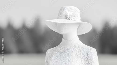 White hat on mannequin, blurred background, fashion display