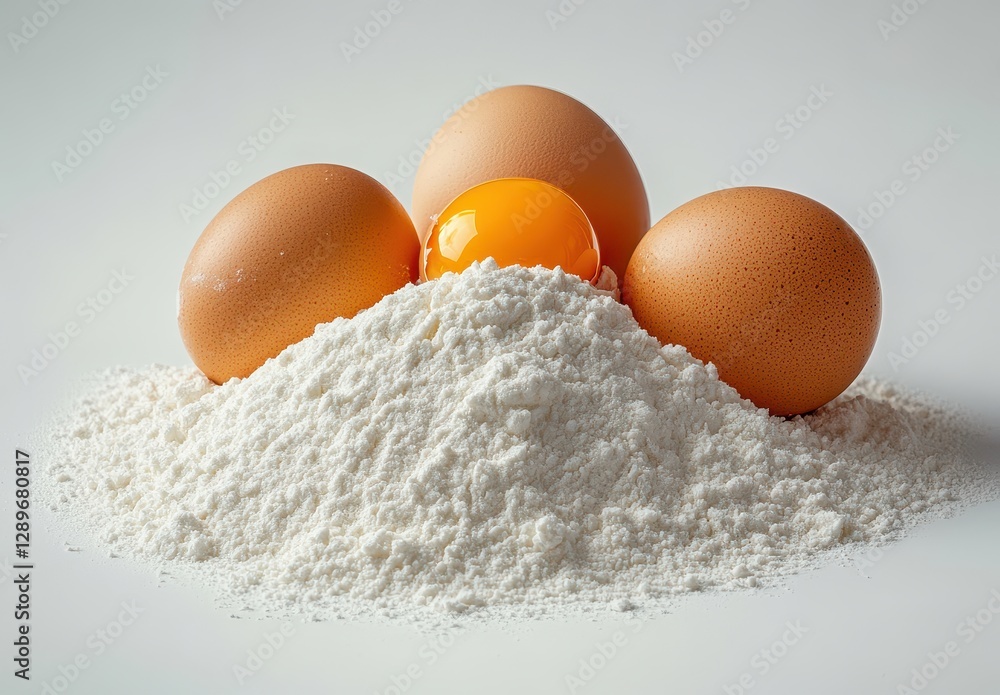 Fresh Eggs and Flour Pile for Baking and Cooking, Natural Ingredients for Culinary Creations in Bright Light Setting Fresh Eggs and Flour Pile for Baking and Cooking, Natural Ingredients for Culinary Creations in Bright Light Setting