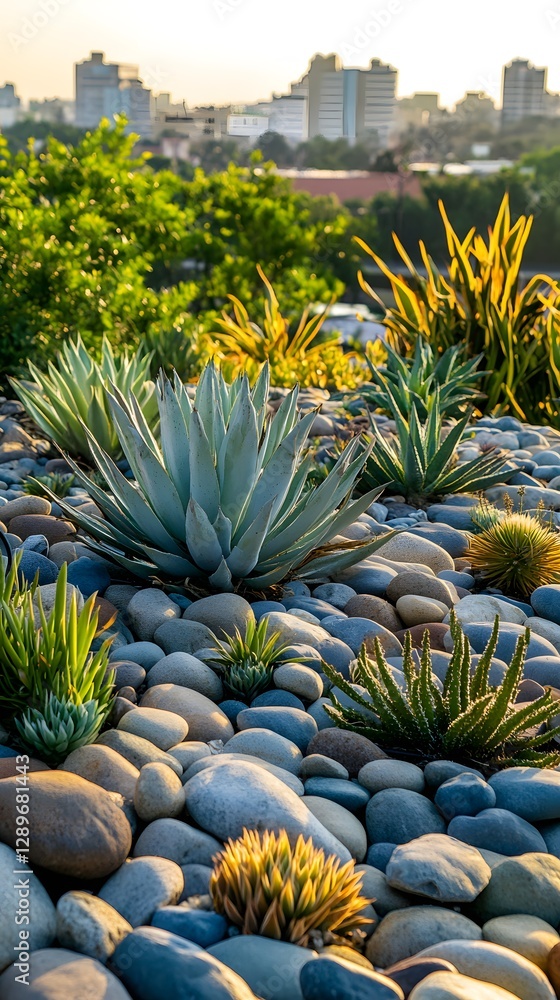Fototapeta premium Urban Oasis: A rooftop garden, meticulously landscaped with a variety of cacti and succulents, creating a tranquil escape from the city below.
