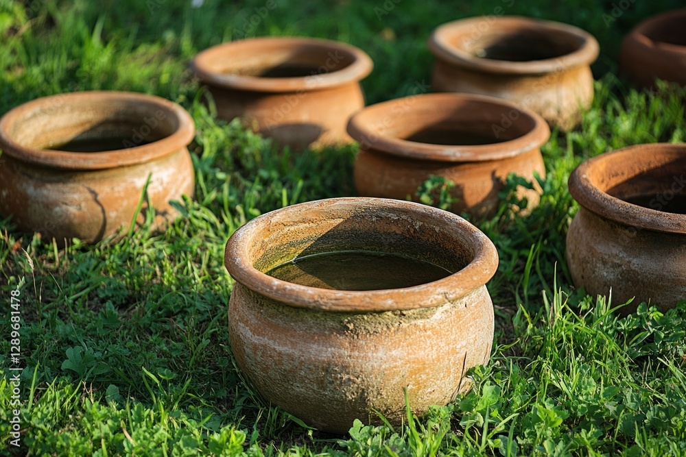 Rustic terracotta pots filled with water sit on grass. Rustic terracotta pots filled with water sit on grass.