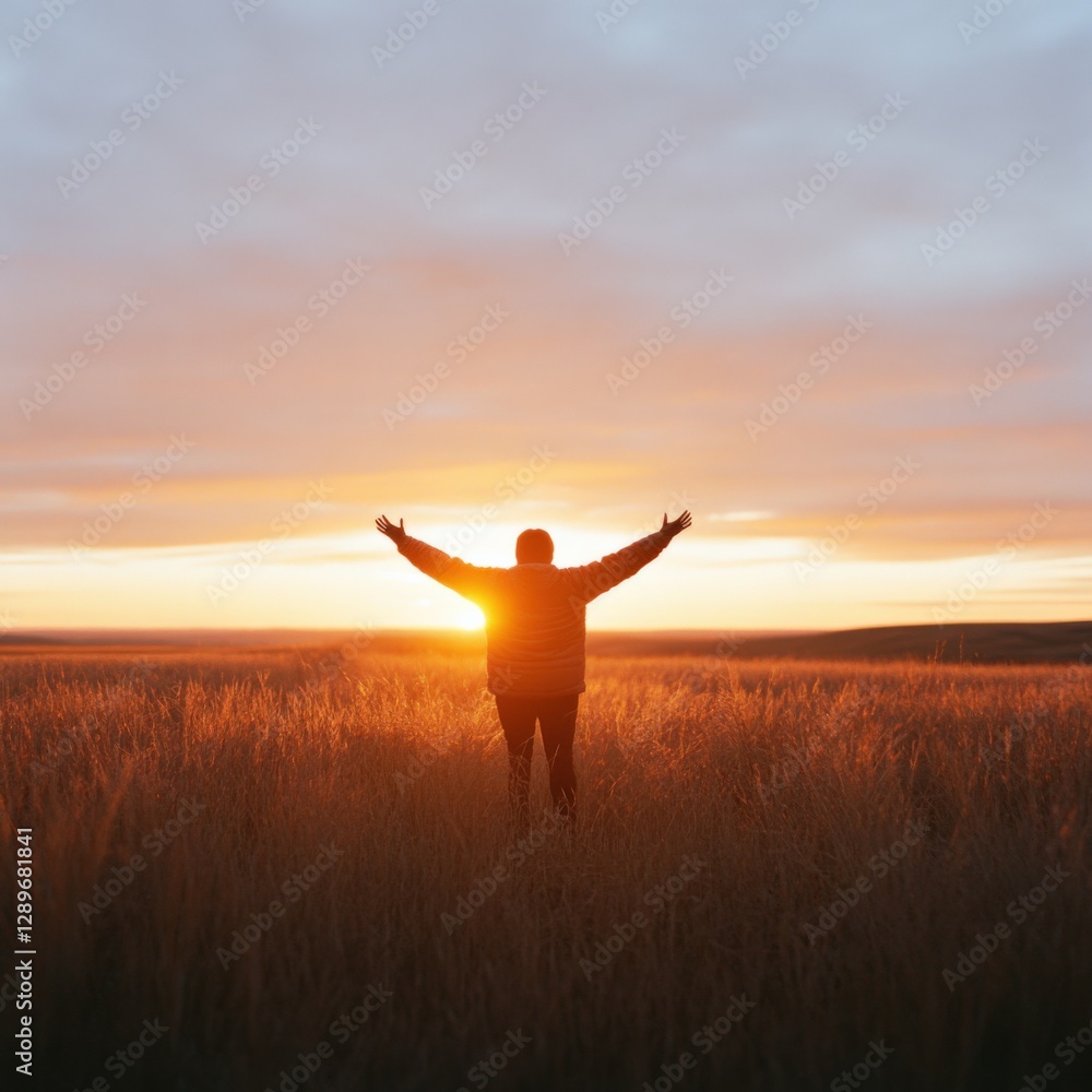 Person with Arms Raised in a Field at Sunset Person with Arms Raised in a Field at Sunset