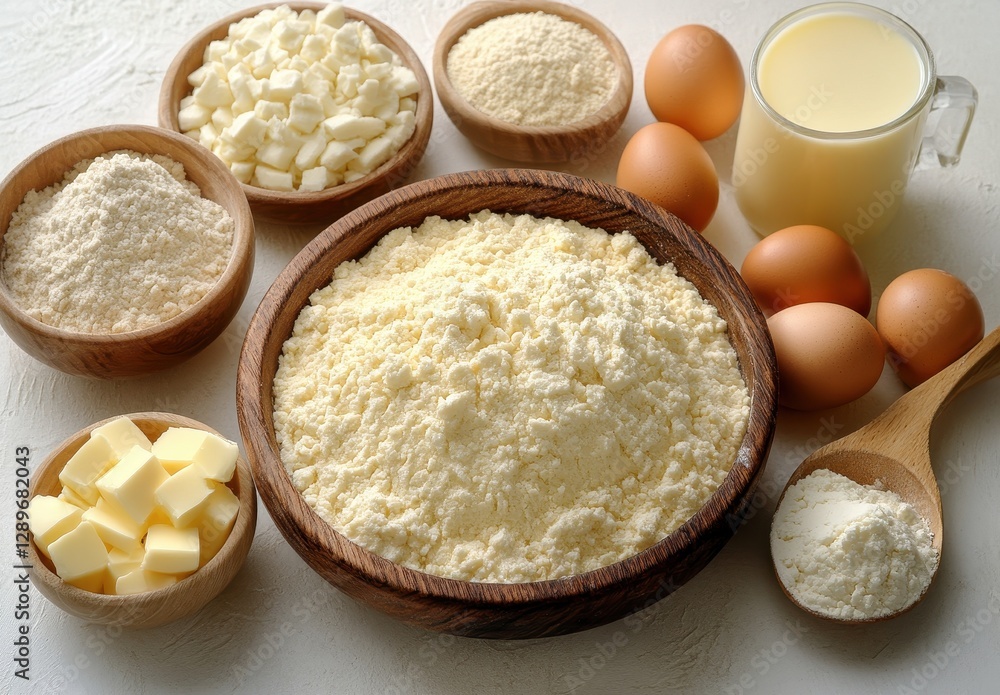 Fresh Farm Ingredients for Cooking and Baking: Eggs, Dairy, Cheese, Flour, Butter, and Grains on Rustic Surface for Culinary Use and Recipe Preparation Fresh Farm Ingredients for Cooking and Baking: Eggs, Dairy, Cheese, Flour, Butter, and Grains on Rustic Surface for Culinary Use and Recipe Preparation