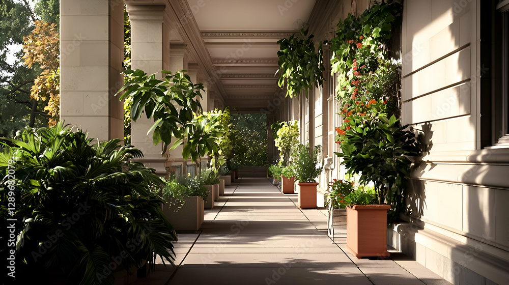 Fototapeta premium Sunlit Colonnade with Lush Greenery and Terracotta Pots