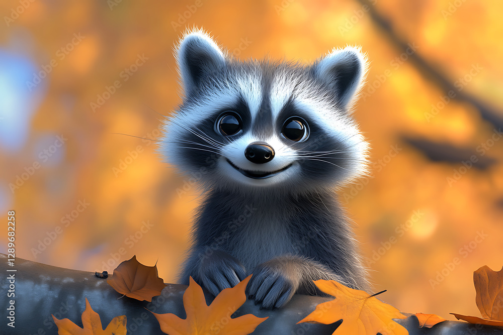 A cute raccoon smiles from a tree branch surrounded by vibrant autumn leaves. A cute raccoon smiles from a tree branch surrounded by vibrant autumn leaves.