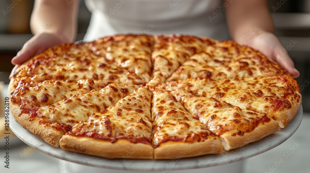 Chef presents cheesy pizza slices, kitchen background, food photography