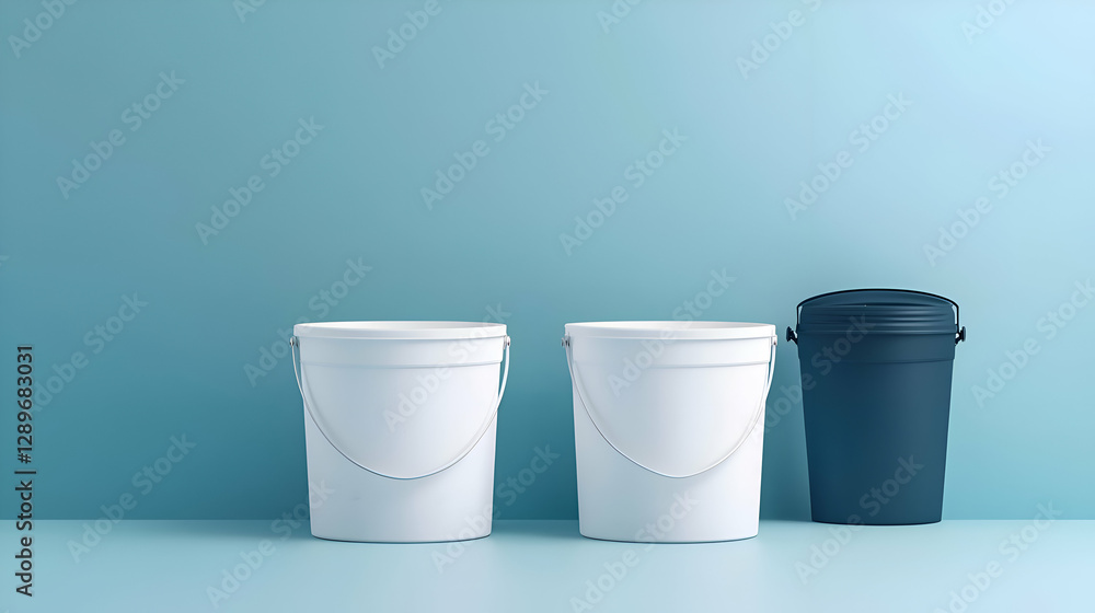 Two White and One Black Plastic Buckets Against a Light Blue Background Two White and One Black Plastic Buckets Against a Light Blue Background