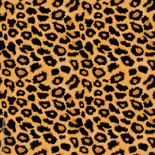 Seamless leopard, cheetah pattern, cat spots on yellow background, realistic vector texture, leopard fashion design