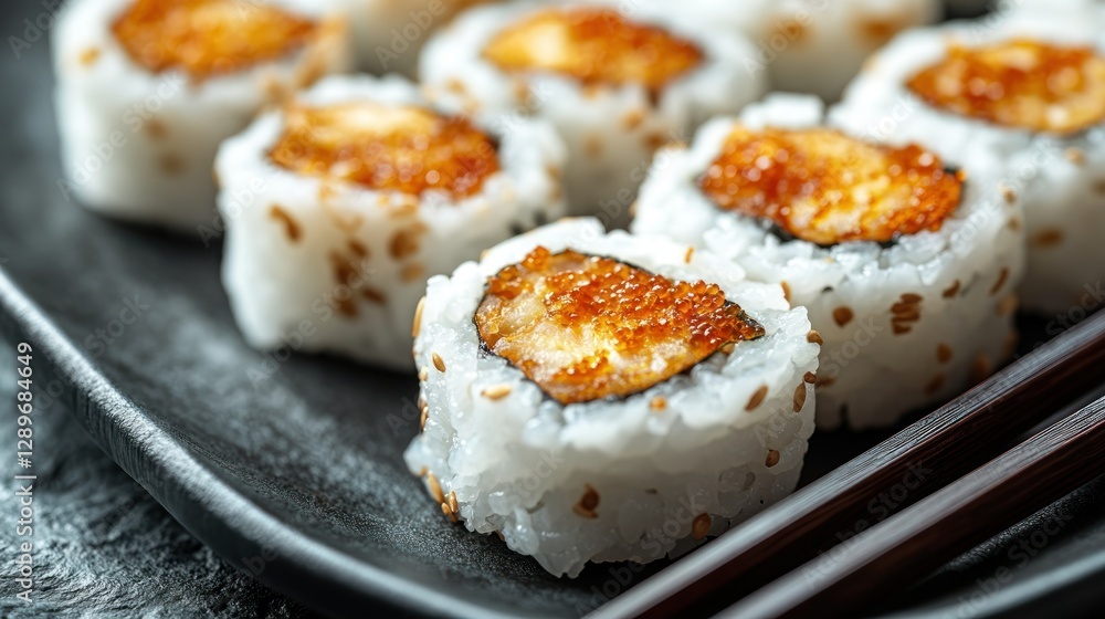 Close-up of delicious sushi rolls on a dark plate with chopsticks, restaurant setting Close-up of delicious sushi rolls on a dark plate with chopsticks, restaurant setting